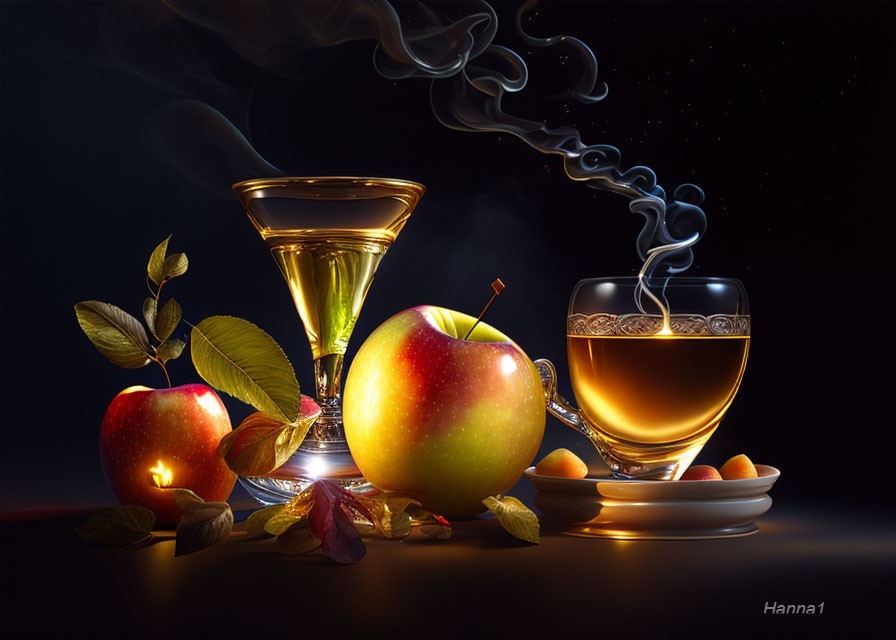 Smoking drinks, apples, and hazelnuts on dark background