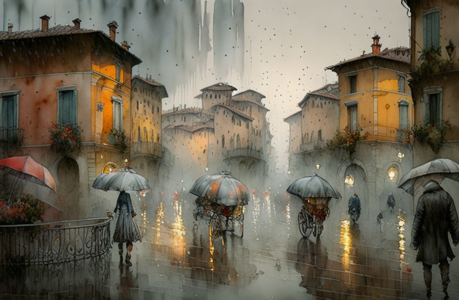 Rainy evening scene: People with umbrellas on wet cobblestone street in charming old town