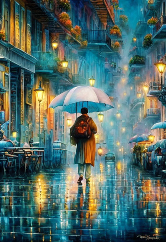 Serene Rainy Street Scene with Vibrant Colors