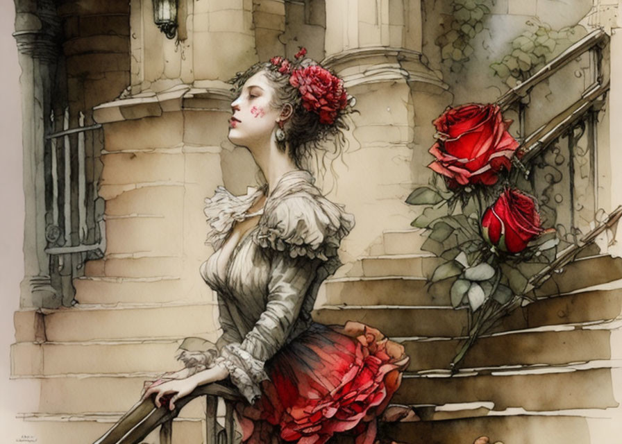 Vintage dress adorned with roses: Elegant woman in nostalgic pose