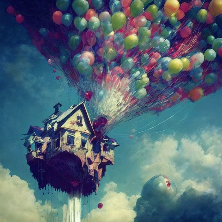 Floating house lifted by colorful balloons in cloudy sky