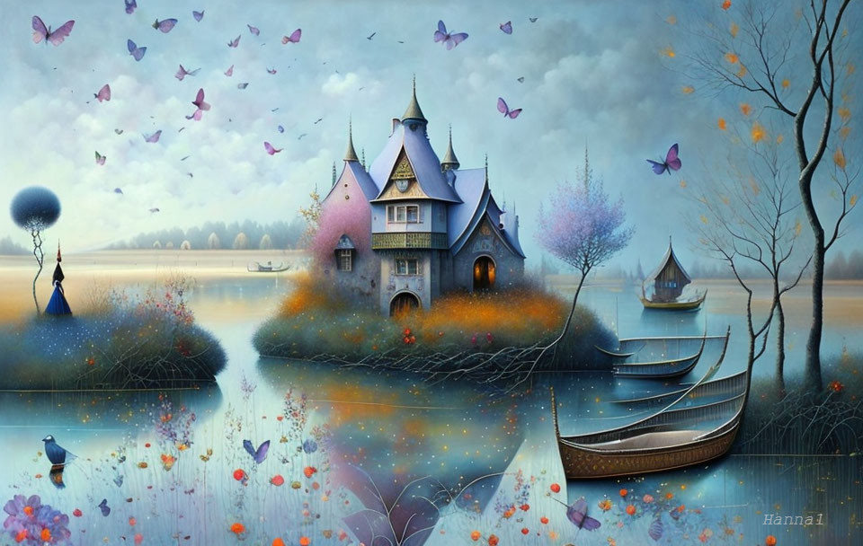 Fairytale cottage on islet with boats, flowers, butterflies, and pastel sky