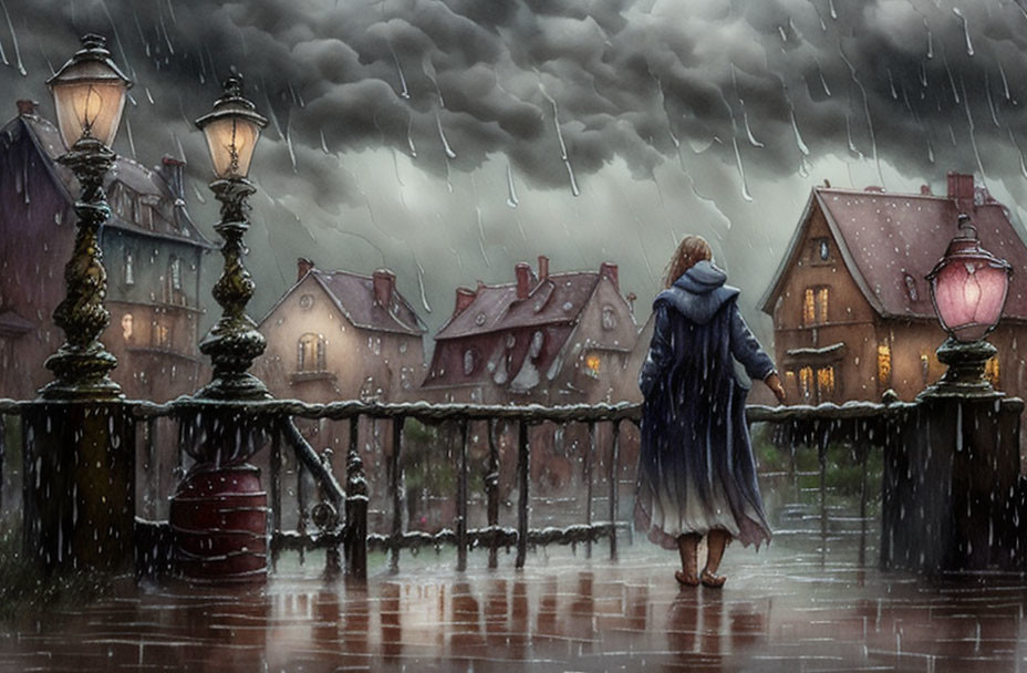 Solitary figure in cloak on wet bridge under heavy rain overlooking quaint houses at dusk