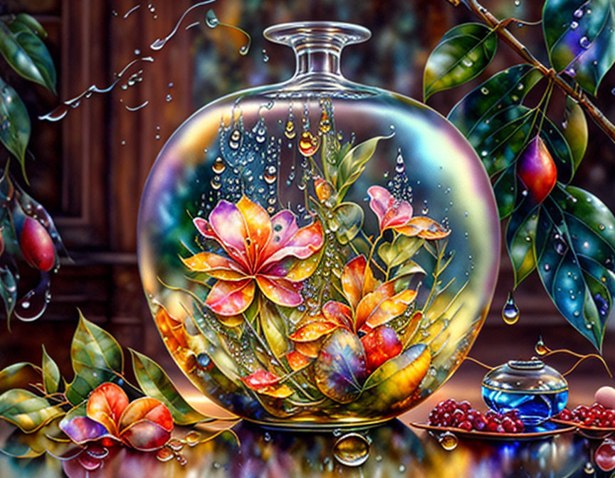 Colorful digital artwork of glass vase with blooming flower, foliage, and raindrops.