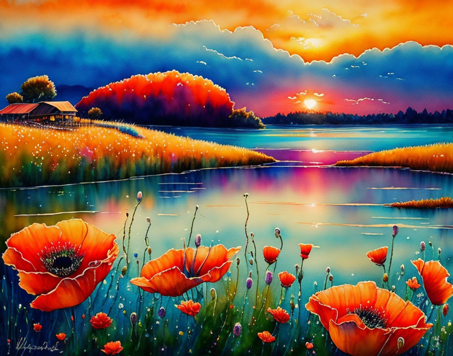 Scenic painting of poppies by tranquil lake at sunset