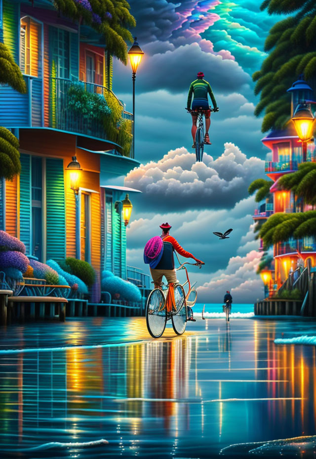 Surreal cyclist scene on mirror road with vibrant houses and whimsical sky