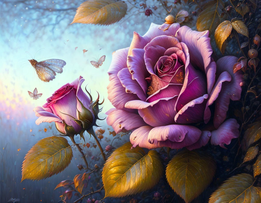 Purple Rose Artwork with Butterflies and Buds in Digital Format