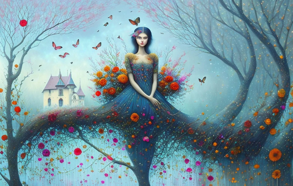 Surreal illustration of woman merging with tree and butterflies.