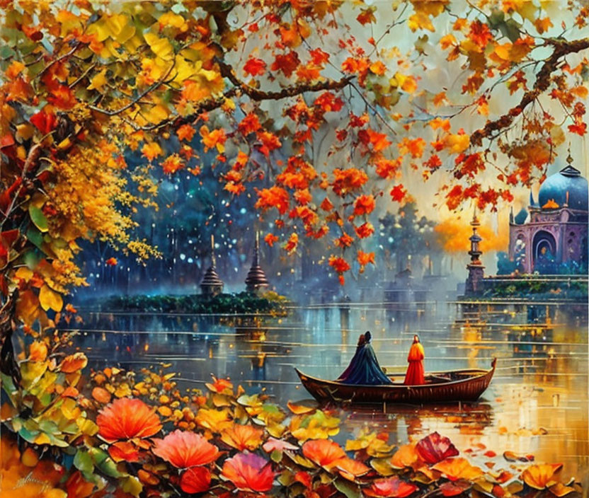 Scenic autumn river with boat, colorful foliage, floating leaves & distant temple