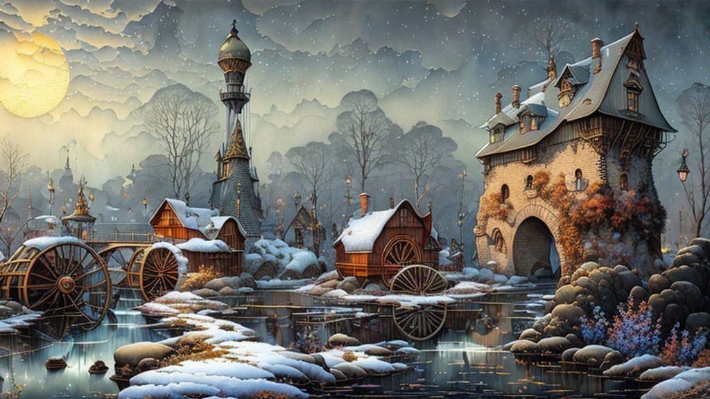 Snowy village with lighthouse, river, and mountains under golden sunset