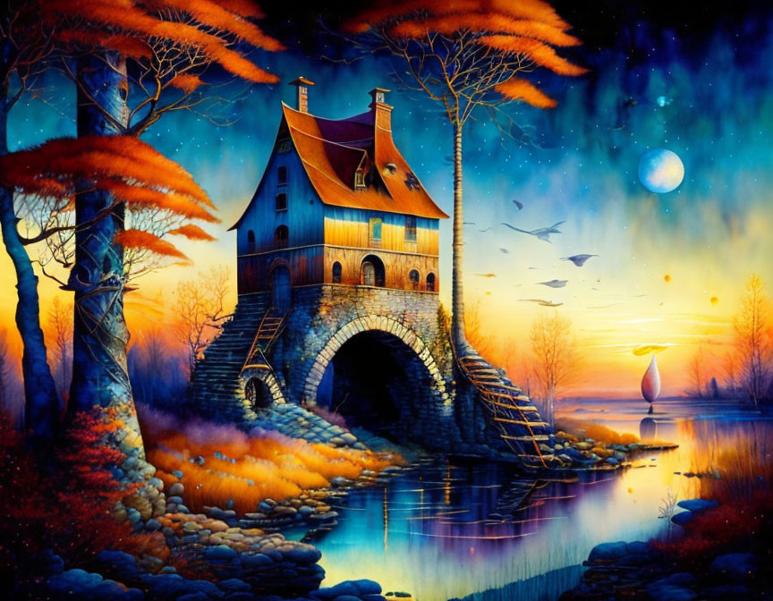 Enchanting fantasy landscape with house on bridge, autumn foliage, river reflection, twilight sky, stars