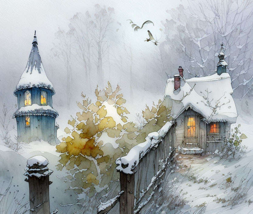 Snow-covered cottage, lit tower, foggy trees, golden tree, birds in misty sky