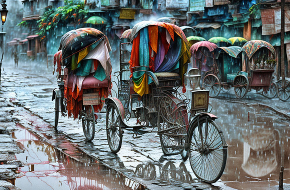 Colorful rickshaws parked on rain-soaked street with vibrant storefronts.