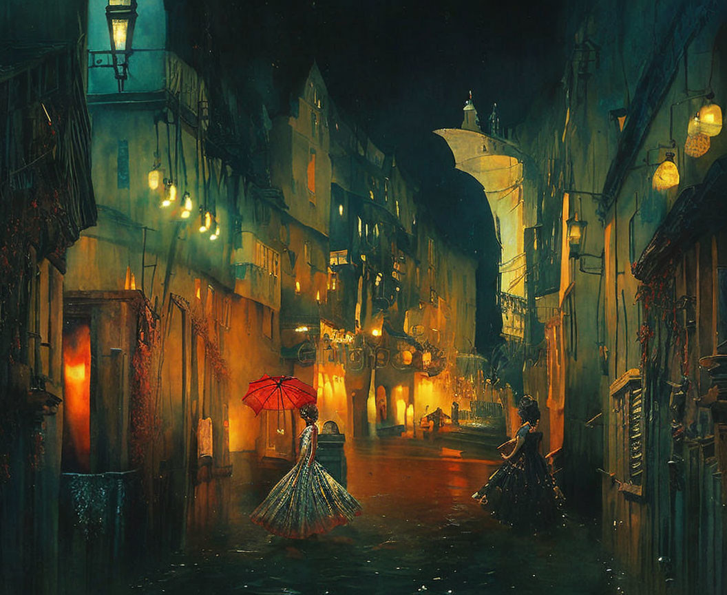 Historic buildings and glowing street lamps in moody night scene