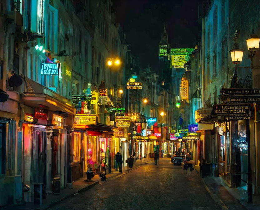 Nighttime street scene with illuminated signs and street lamps casting warm glow on cobblestone pavement.