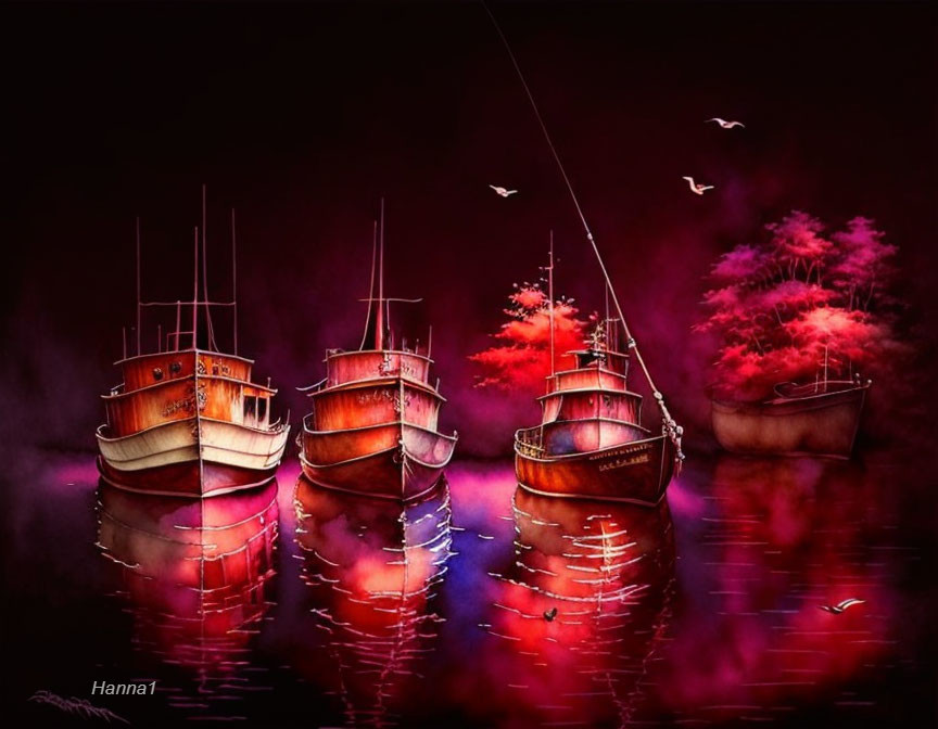 Four boats on crimson-lit water with red foliage and birds in flight