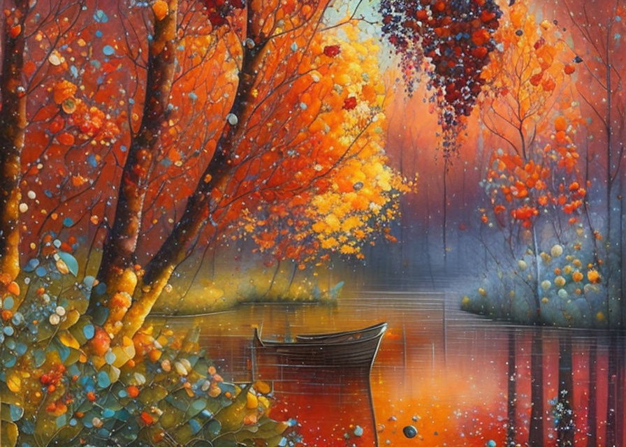 Vibrant autumn landscape with colorful trees and solitary boat