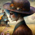 Surreal portrait of a woman in a large flower-adorned hat