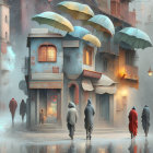 Snowy Street Scene with People, Shop Fronts, and Oversized Umbrellas