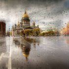 Rainy city street with reflections, colorful trees, and domed building through water droplets.