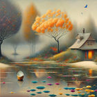 Whimsical Autumn Scene with Pumpkins and Cozy Houses