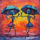 Stylized figures with umbrellas in vibrant rain scene