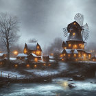 Person in winter coat by snowy path, observing windmill and houses under twilight sky with falling snowfl