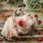 Vintage dress adorned with roses: Elegant woman in nostalgic pose