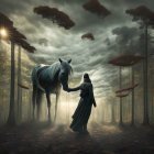 Majestic horse approached by cloaked figure in mystical forest