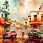 Vibrant street illustration with vintage cars, tropical houses, reflections, sunset