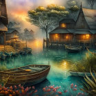 Rustic lakeside village at night with illuminated houses and moored boats