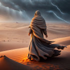 Wizard in desert with magical staff and star-adorned hat, facing stormy seas