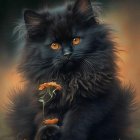 Dark-Furred Cat with Amber Eyes in Mystical Setting