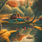 Vibrant forest and serene lake scene with autumn house and dusky sky