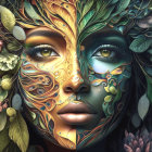 Colorful floral and leaf patterns merge with a woman's face in vibrant artistic rendering