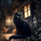 Mystical black cat with striking eyes on wooden porch with lantern and cozy cottage window.