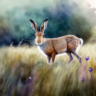 Vibrant speckled fur rabbits in rain shower with water droplets and purple flower.