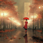 Woman with orange umbrella in autumn city scene.