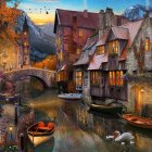 Enchanting twilight scene of a fairy-tale village with cobblestone paths, cottages,