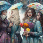 Four Women with Starry Umbrellas on Snowy Street