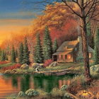 Autumnal scene: Quaint house, fall trees, lake, swan