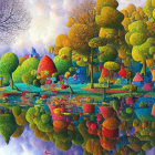 Colorful landscape painting with whimsical trees, reflective water, quaint houses