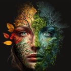 Woman's face blended with nature elements: leaves and branches symbolize human-nature connection.