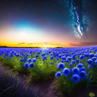 Vibrant painting of twilight sky over blue and pink flower field