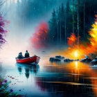 Vibrant surreal art: people in boats on reflective water in forest setting