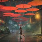 Colorful hanging umbrellas on a wet street at night illuminated by warm lights.