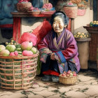 Elderly women under umbrella in vibrant market setting