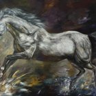 Gray horse galloping in watercolor style with multicolored abstract background