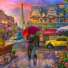 Colorful street scene with couple, buildings, flowers, car, boats under pastel sunset.