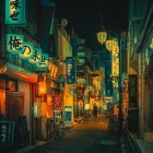 Nighttime street scene with illuminated signs and street lamps casting warm glow on cobblestone pavement.